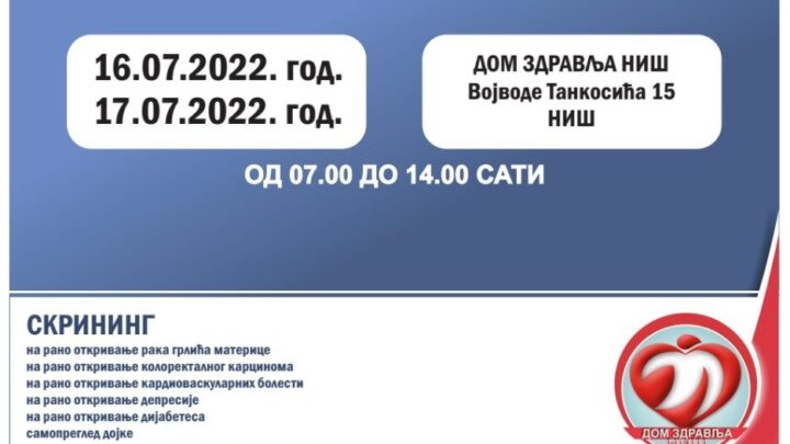 „Otvorena vrata “ za preventivne preglede u Domu Zdravlja Niš u subotu i nedelju 16. i 17. jula 2022. godine